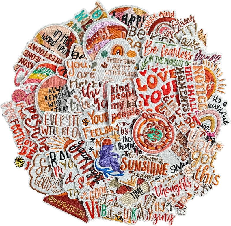 RF-patch 50 Pcs Boho Iron on Patches for Girl, Embroidered Positive Affirmations Iron on/Sew on Patches for Clothes, Hats, Jeans, Dress, Backpacks - Image 1